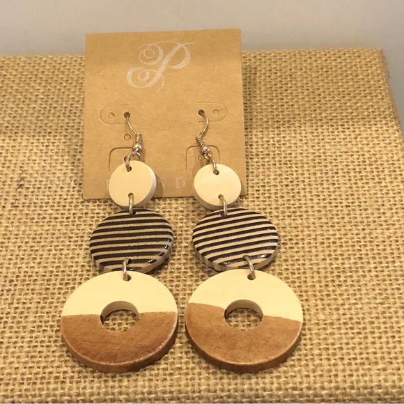 NWT Earrings by Plunder- dangle style with triple wood circles - Picture 2 of 9